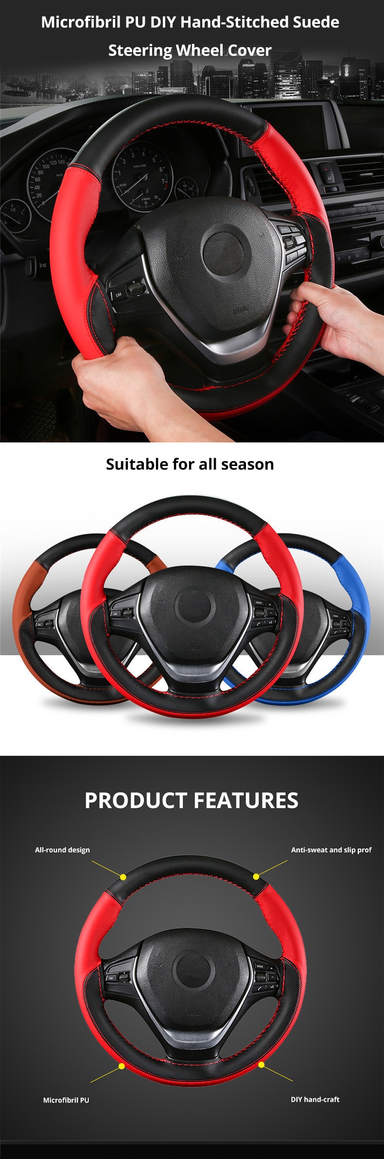 Anti-Slip Microfiber DIY Car Steering Cover